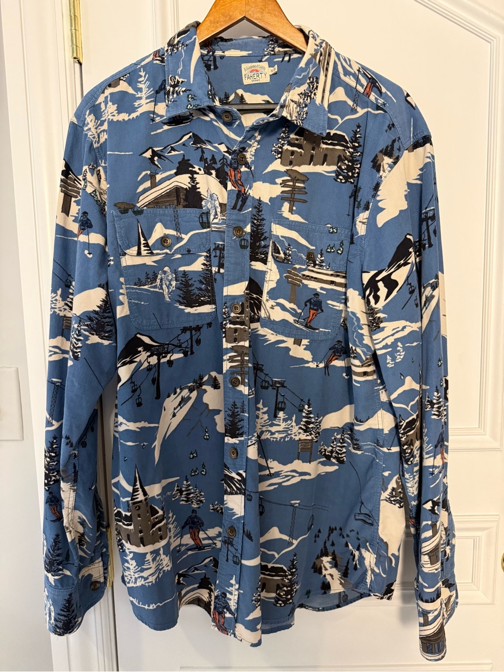 Faherty Ski Resort Scenic Print Shirt XL Blue Après Ski